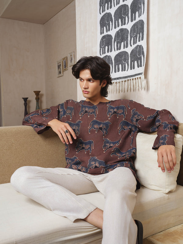 Brown Indigo Ajrakh Block Print Tunic Kurta