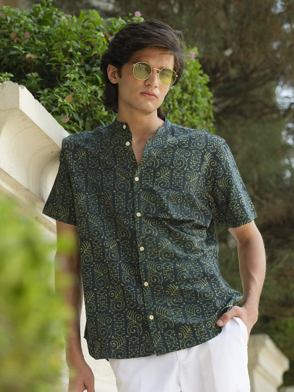 Green Block Print Half Sleeve Shirt