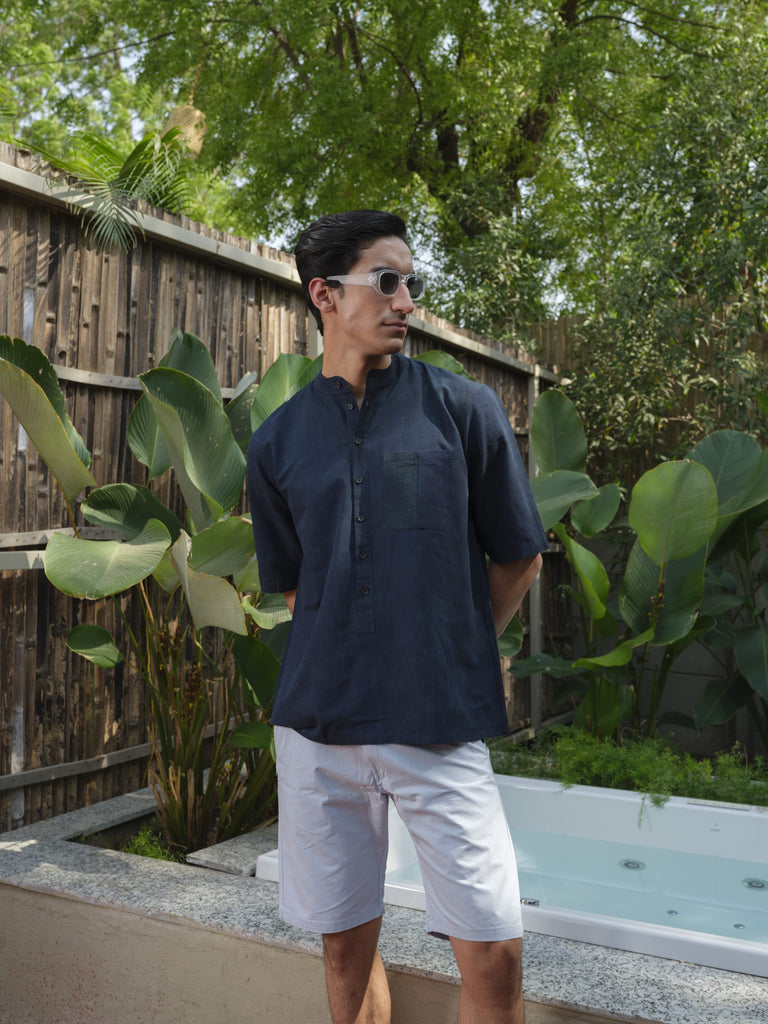 Parakhya - men's organic indigo dyed linen and bamboo half sleeve kurta