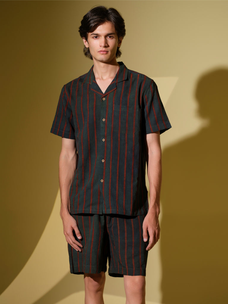 Neelambar - Men's Organic Block Printed Linen and Bamboo striped co-ord set